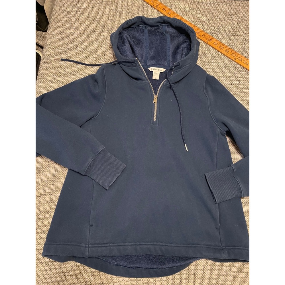 Athleta Cozy Karma 1/4 Zip Hoodie Navy Blue Fleece Lined Sweatshirt Small